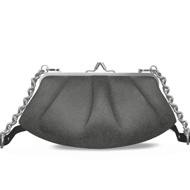 Black handbag with chain details on a white background