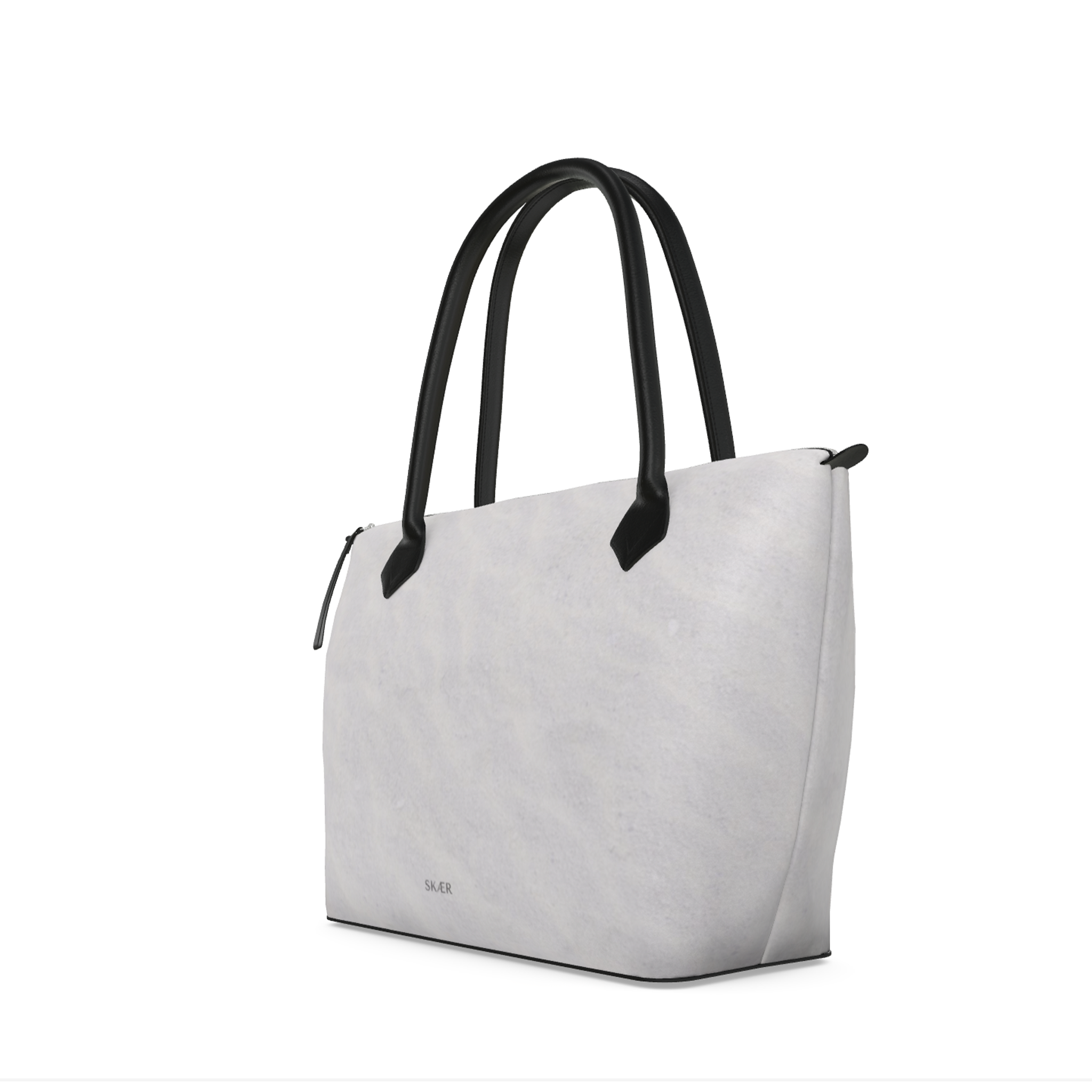 SKÆR STUDIO Zip Top Handbag in light gray, featuring sleek black handles, an arctic inspired designer tote bag