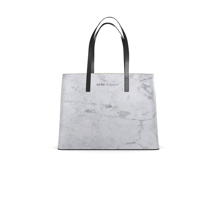 SKÆR STUDIO luxury designer marble tote bag with sleek black handles and sophisticated marble design